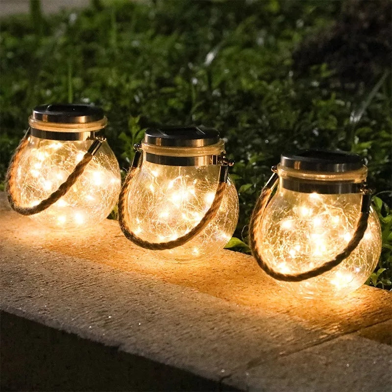 Solar Lantern Outdoor Crack Glass Solar Light led Mason Jar Light