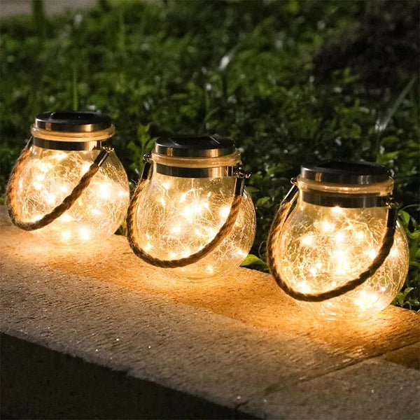 Solar Lantern Outdoor Crack Glass Solar Light led Mason Jar Light