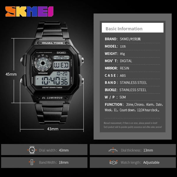 SKMEI 1335 Business Waterproof Stainless Steel Digital Watch