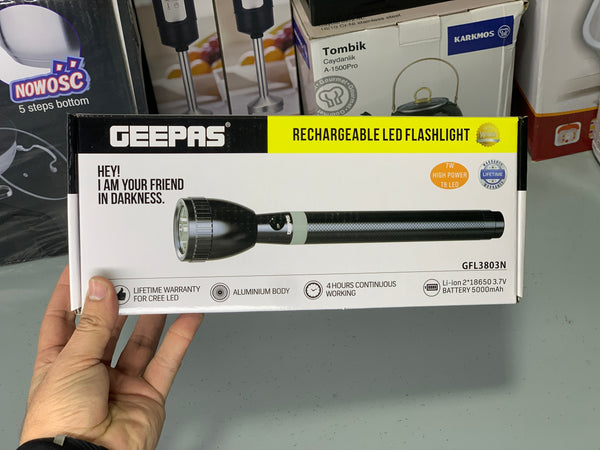 Rechargeable Geepas Handheld Flashlight 4 Hours Backup Aluminum Body and Li-ion 2*18650 3.7v Battery 5000mAh