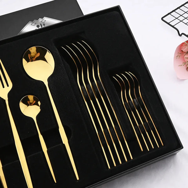 24 Pcs Premium Stainless Steel Dining Cutlery Set Golden Black