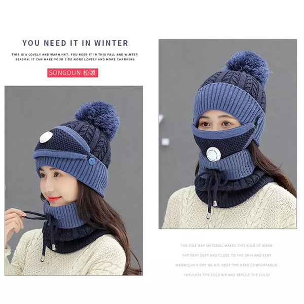 3PCS Womens Winter Warm Scarf Knitted Hat Mask with Filter Set Fashion Thickened Face Cover Outdoor UV Protection