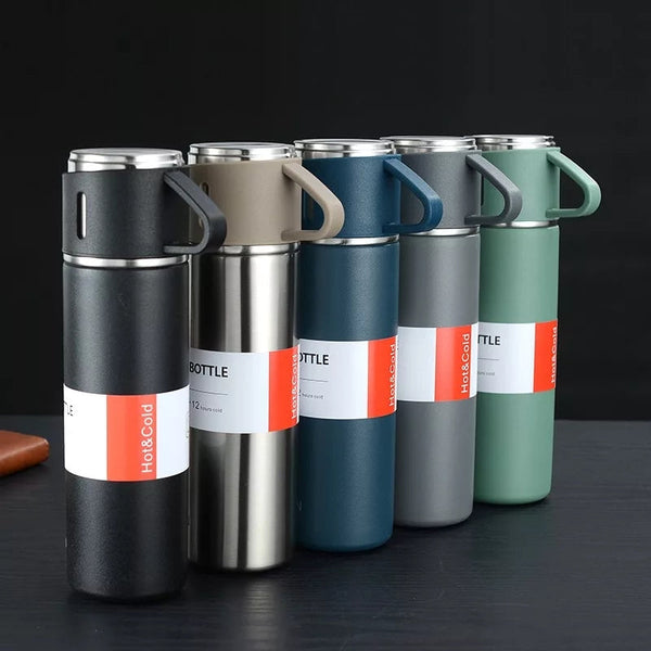 Stainless Steel Vacuum Flask Hot & Cold Thermos Bottle With 3 Cups