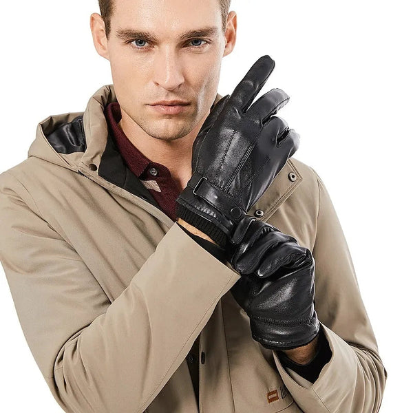 Warm Winter Gloves Men's PU Leather Touch Screen Thick Fleece Windproof Thermal Gloves