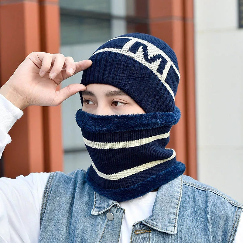 Men's New Fashion Winter Warm Beanie Hats And Scarf Set, Knitted Skull Cap Neck Warmer