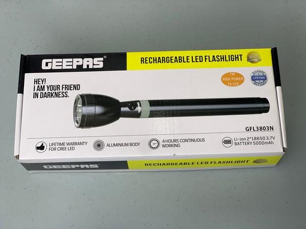 Rechargeable Geepas Handheld Flashlight 4 Hours Backup Aluminum Body and Li-ion 2*18650 3.7v Battery 5000mAh