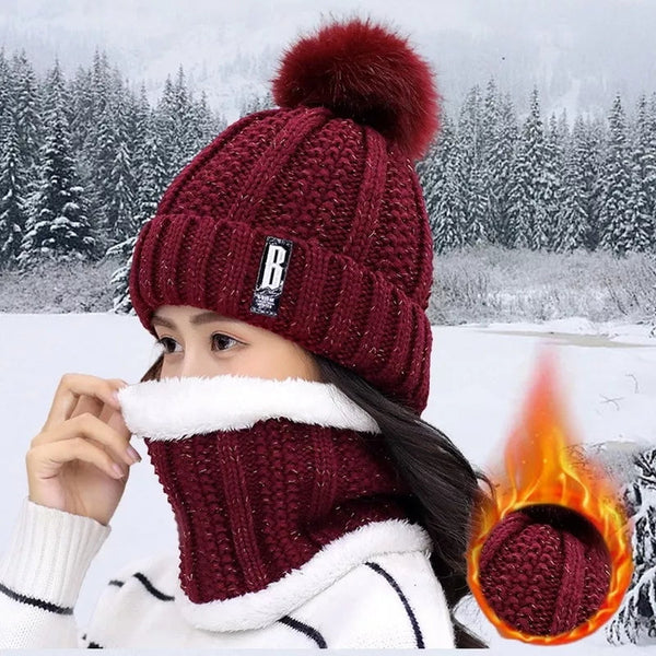 2 Pcs Branded Beanie Hat Scarf Set Women's Winter Warm Knitted with Fleece Lining