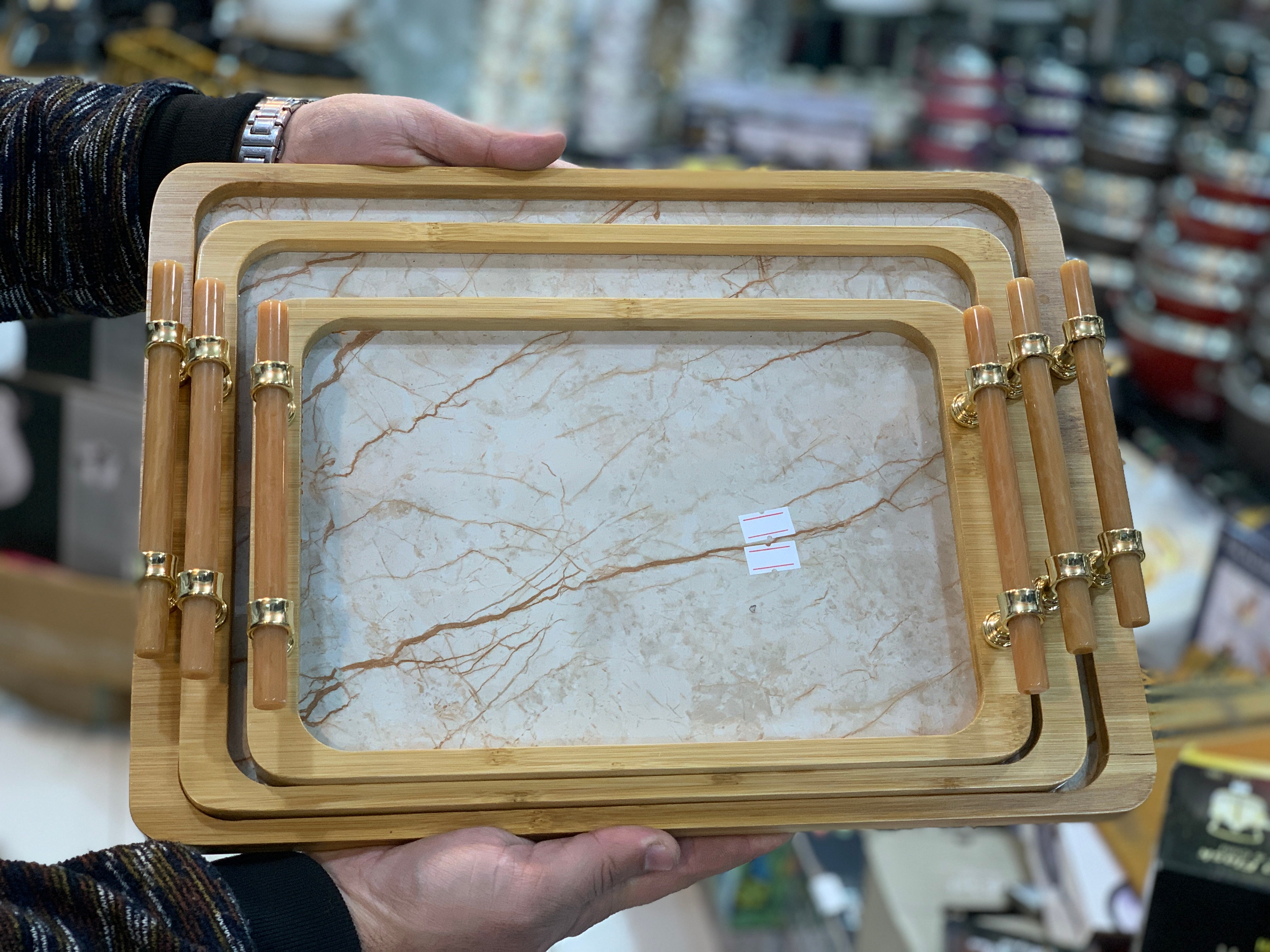 Bamboo and Marble Design 3 Pieces Serving Trays