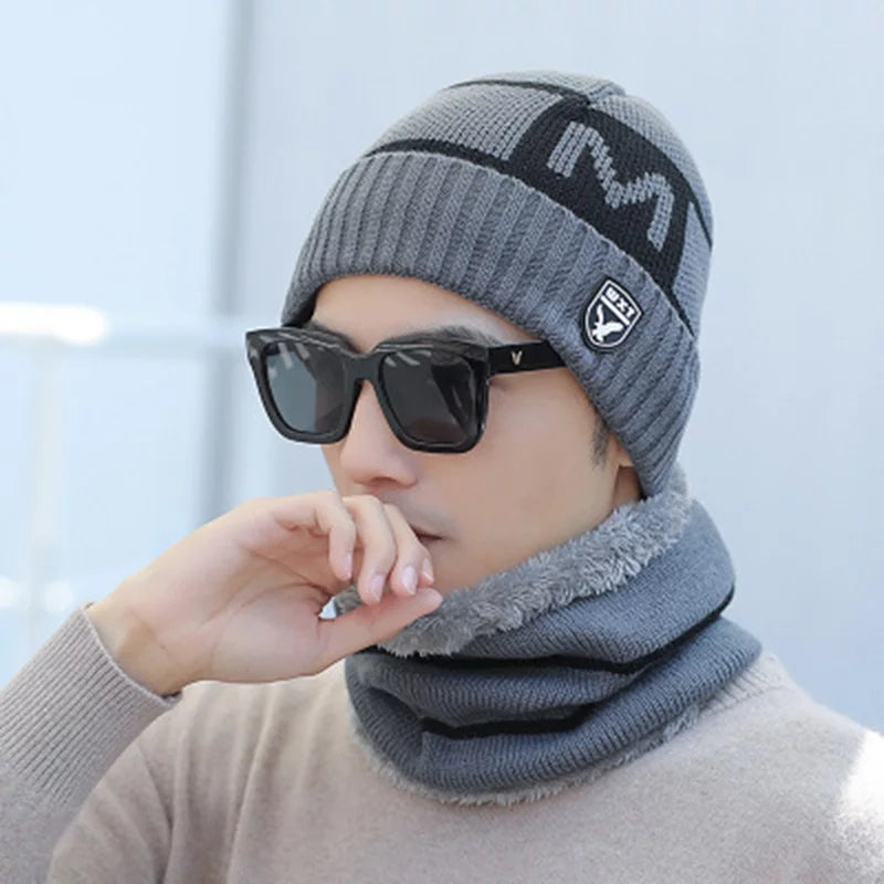 Men's New Fashion Winter Warm Beanie Hats And Scarf Set, Knitted Skull Cap Neck Warmer