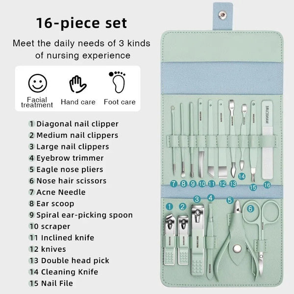 16 PCS Professional Stainless Steel Nail Clipper Manicure Pedicure Set with Leather Case