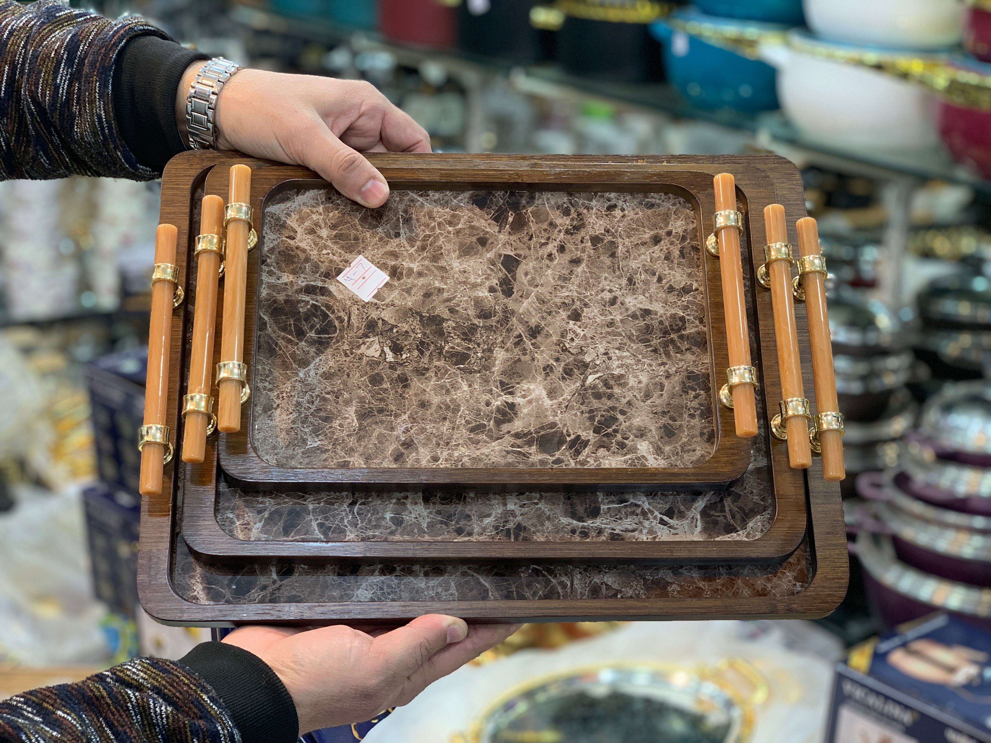 Bamboo and Marble Design 3 Pieces Serving Trays