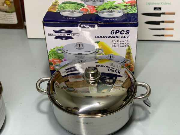 6 Pieces Cookware Set Stainless Steel 6L, 7.5L and 9L Casseroles