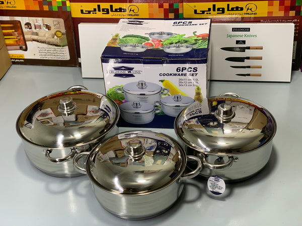 6 Pieces Cookware Set Stainless Steel 6L, 7.5L and 9L Casseroles