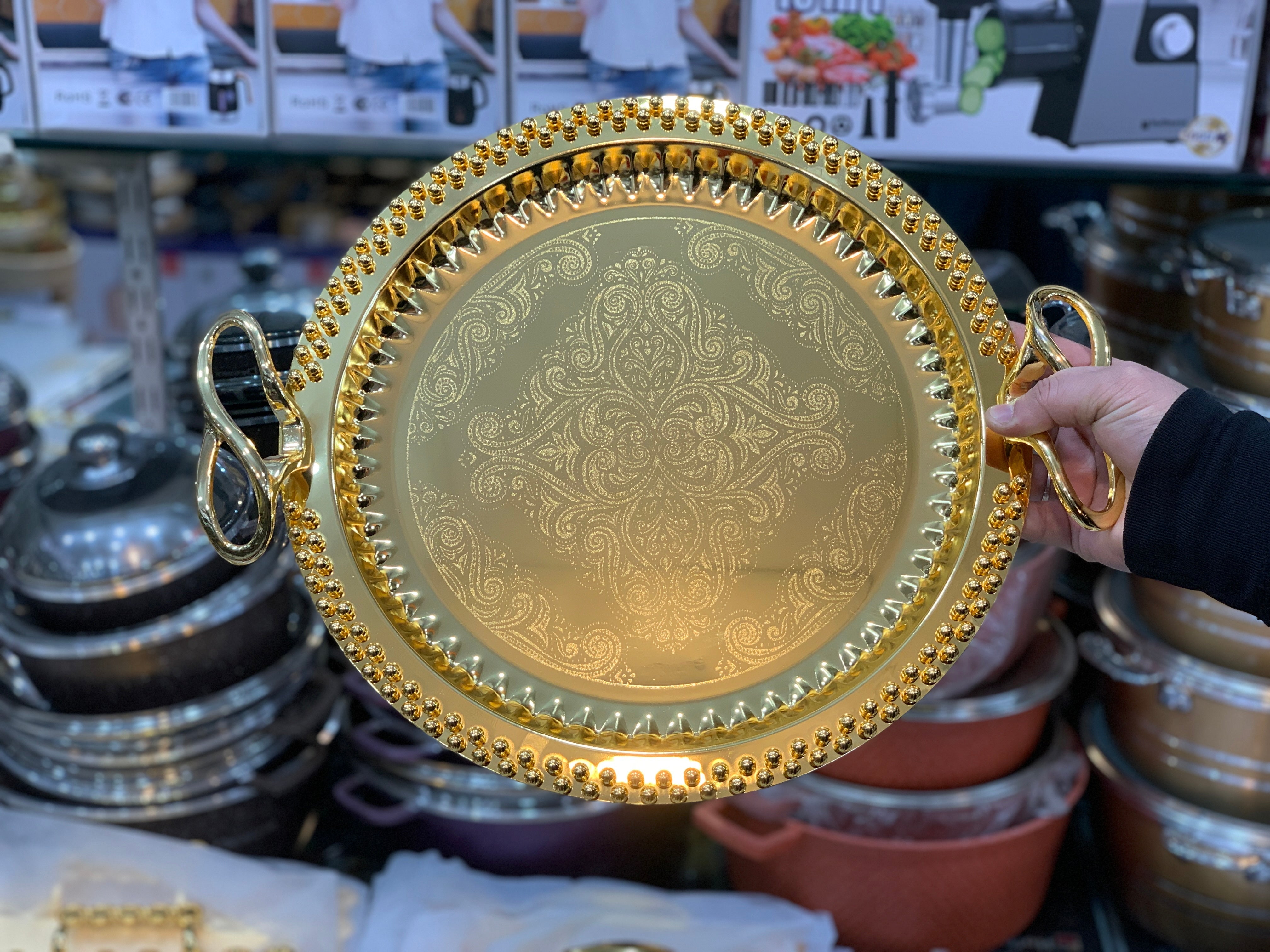 Golden Serving Trays Circle Shape with Stylish Handles 3 in 1