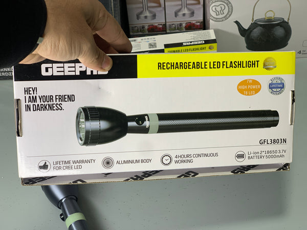 Rechargeable Geepas Handheld Flashlight 4 Hours Backup Aluminum Body and Li-ion 2*18650 3.7v Battery 5000mAh