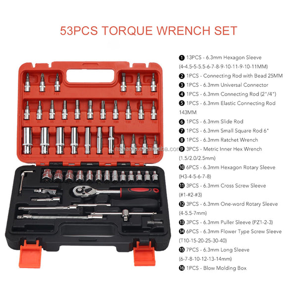 53pcs Heavy Duty Car Ratchet Wrench Socket Set with Plastic Box