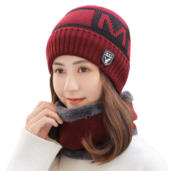 Women New fashion Winter Warm beanie Hat and Scarf Set