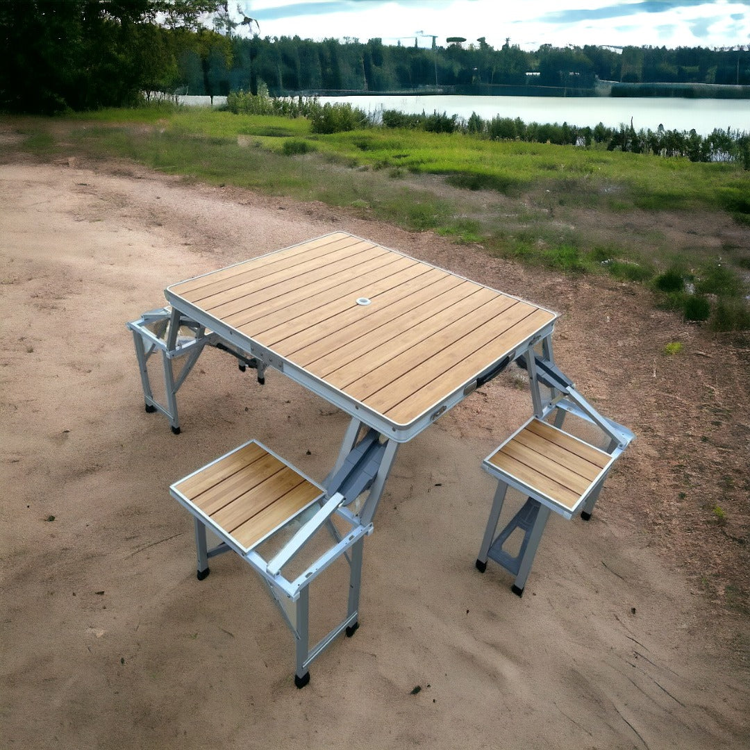 Bamboo Aluminum Foldable Picnic Table with 4 Chairs