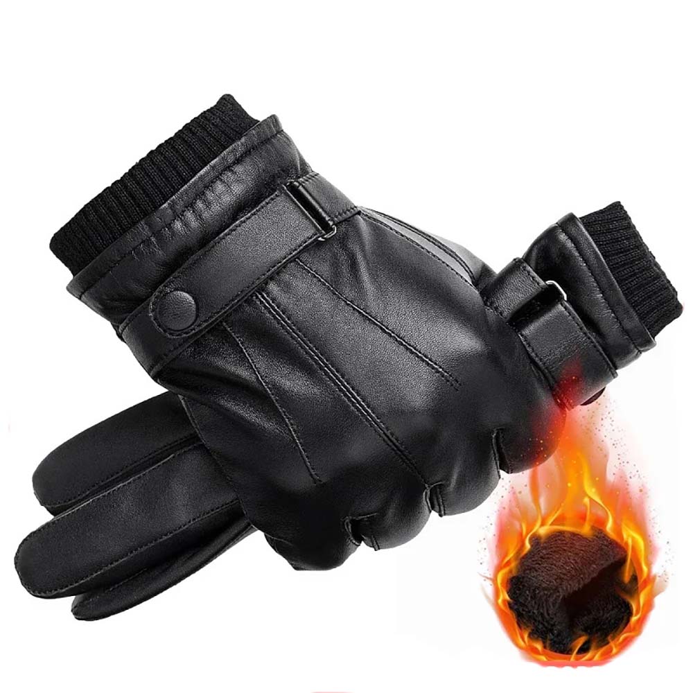 Warm Winter Gloves Men's PU Leather Touch Screen Thick Fleece Windproof Thermal Gloves