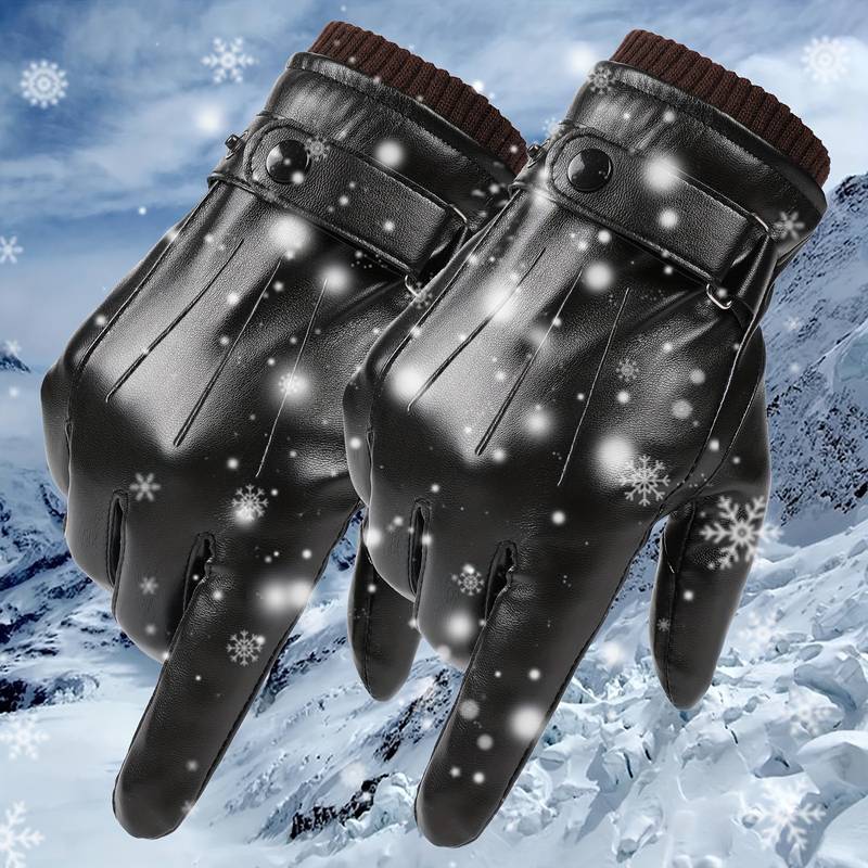 Warm Winter Gloves Men's PU Leather Touch Screen Thick Fleece Windproof Thermal Gloves