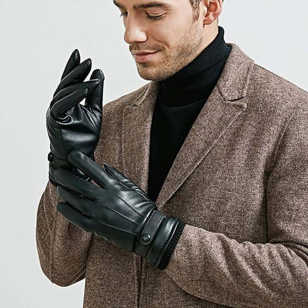 Warm Winter Gloves Men's PU Leather Touch Screen Thick Fleece Windproof Thermal Gloves