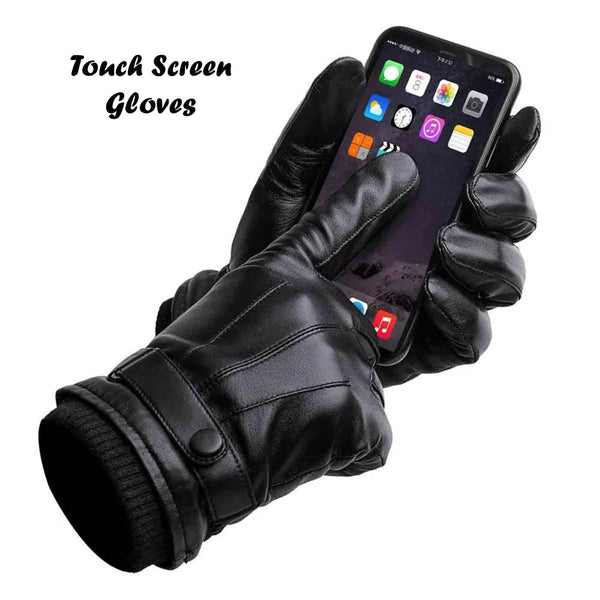 Warm Winter Gloves Men's PU Leather Touch Screen Thick Fleece Windproof Thermal Gloves