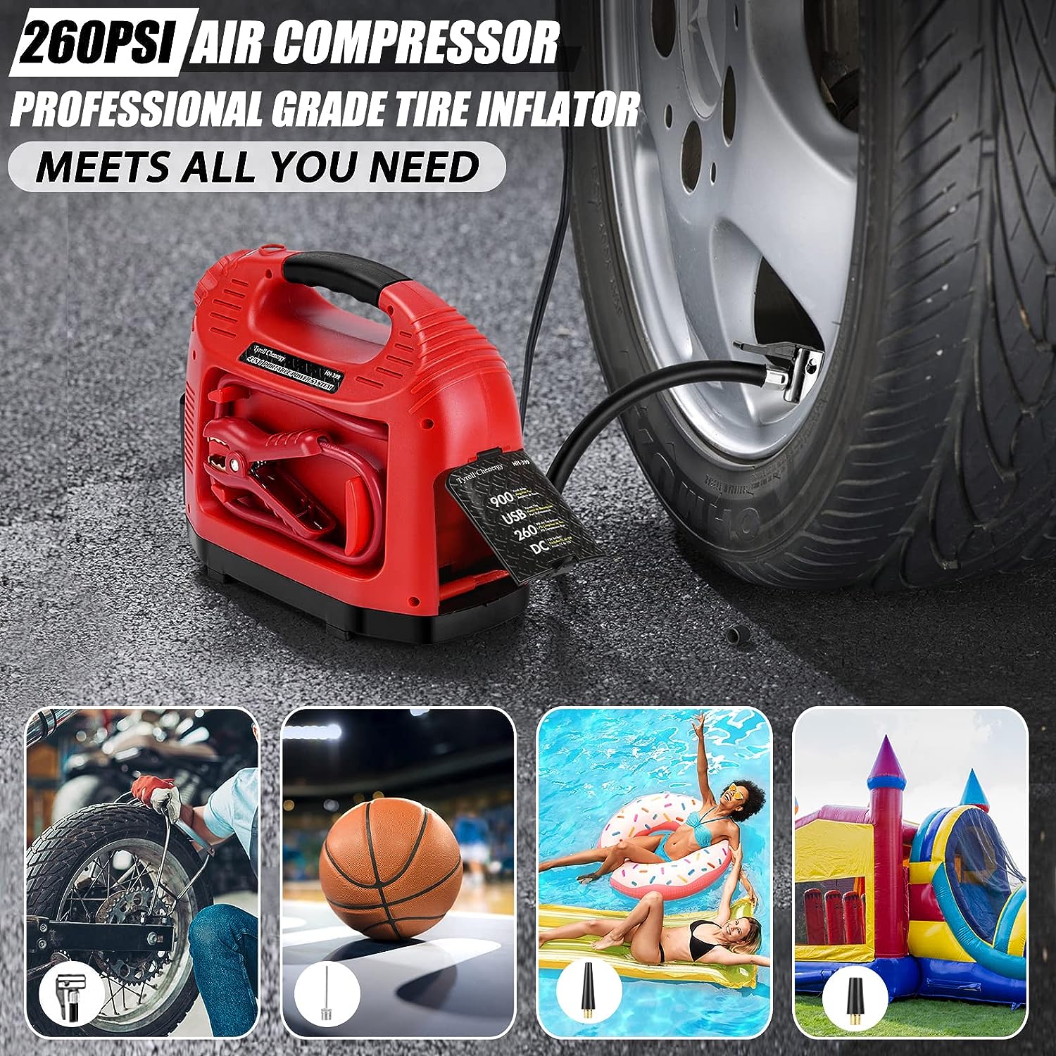 4-in-1 Jump Start with 260 PSI Air Compressor - 900A Peak Portable Battery Booster Pack