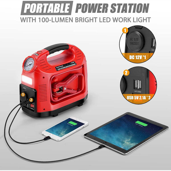 4-in-1 Jump Start with 260 PSI Air Compressor - 900A Peak Portable Battery Booster Pack