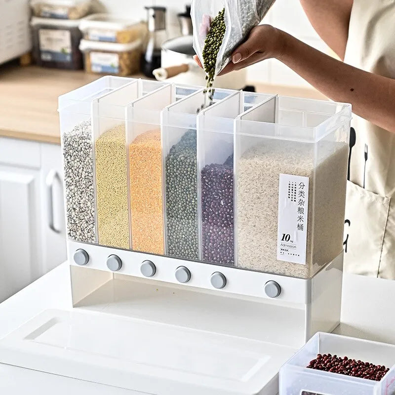 Hanif Trades Rice Grain Beans Dispenser 6 Girds Pest-Proof Rack Sealed Food Storage Box for Kitchen and Home Kitchen Dispenser