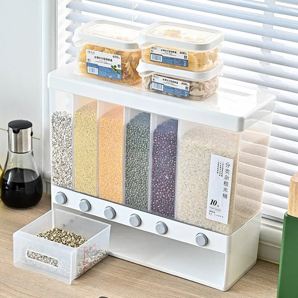 Hanif Trades Rice Grain Beans Dispenser 6 Girds Pest-Proof Rack Sealed Food Storage Box for Kitchen and Home Kitchen Dispenser