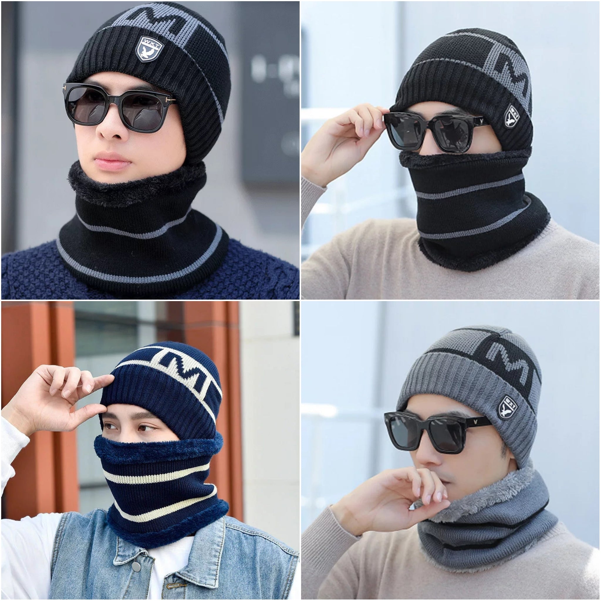 Men's New Fashion Winter Warm Beanie Hats And Scarf Set, Knitted Skull Cap Neck Warmer