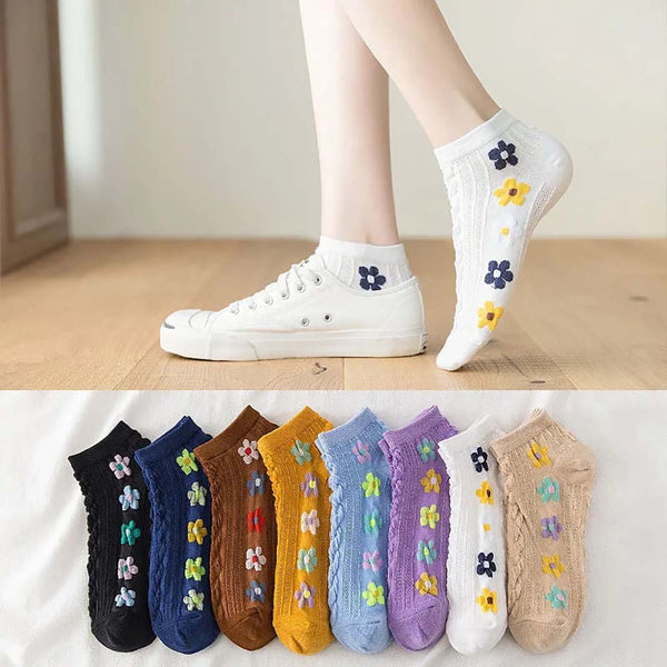 5 Pairs Floral Print Short Socks, Comfy & Cute Textured Low Cut Ankle Socks