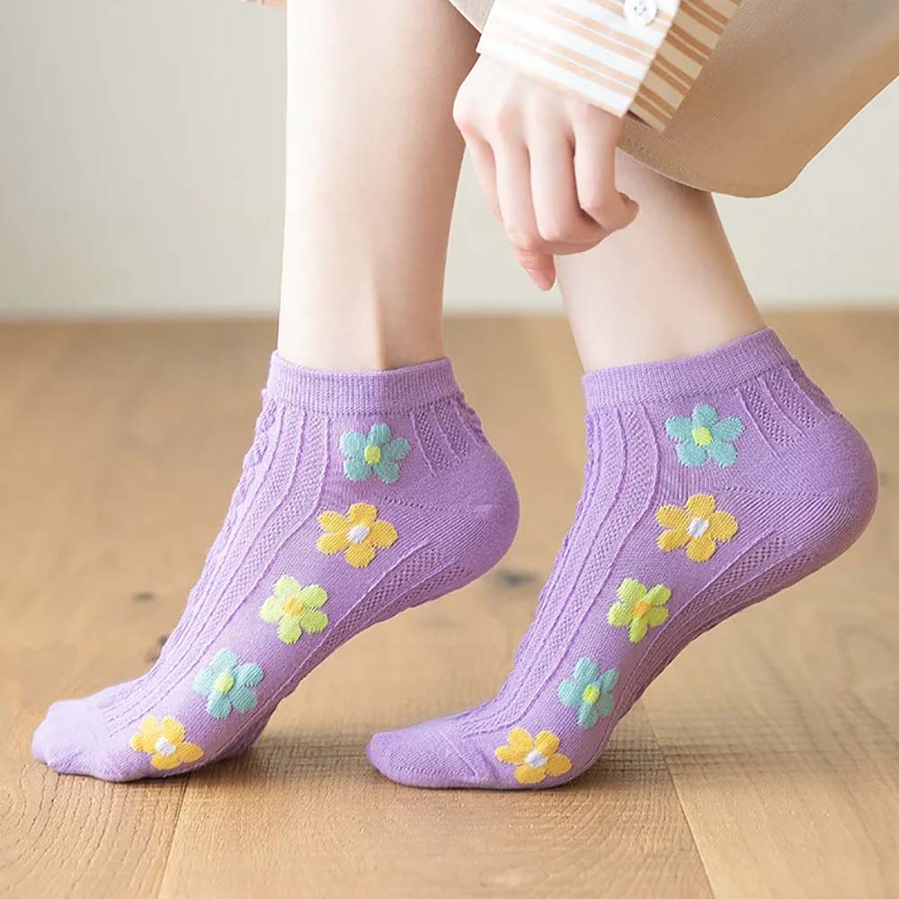 5 Pairs Floral Print Short Socks, Comfy & Cute Textured Low Cut Ankle Socks